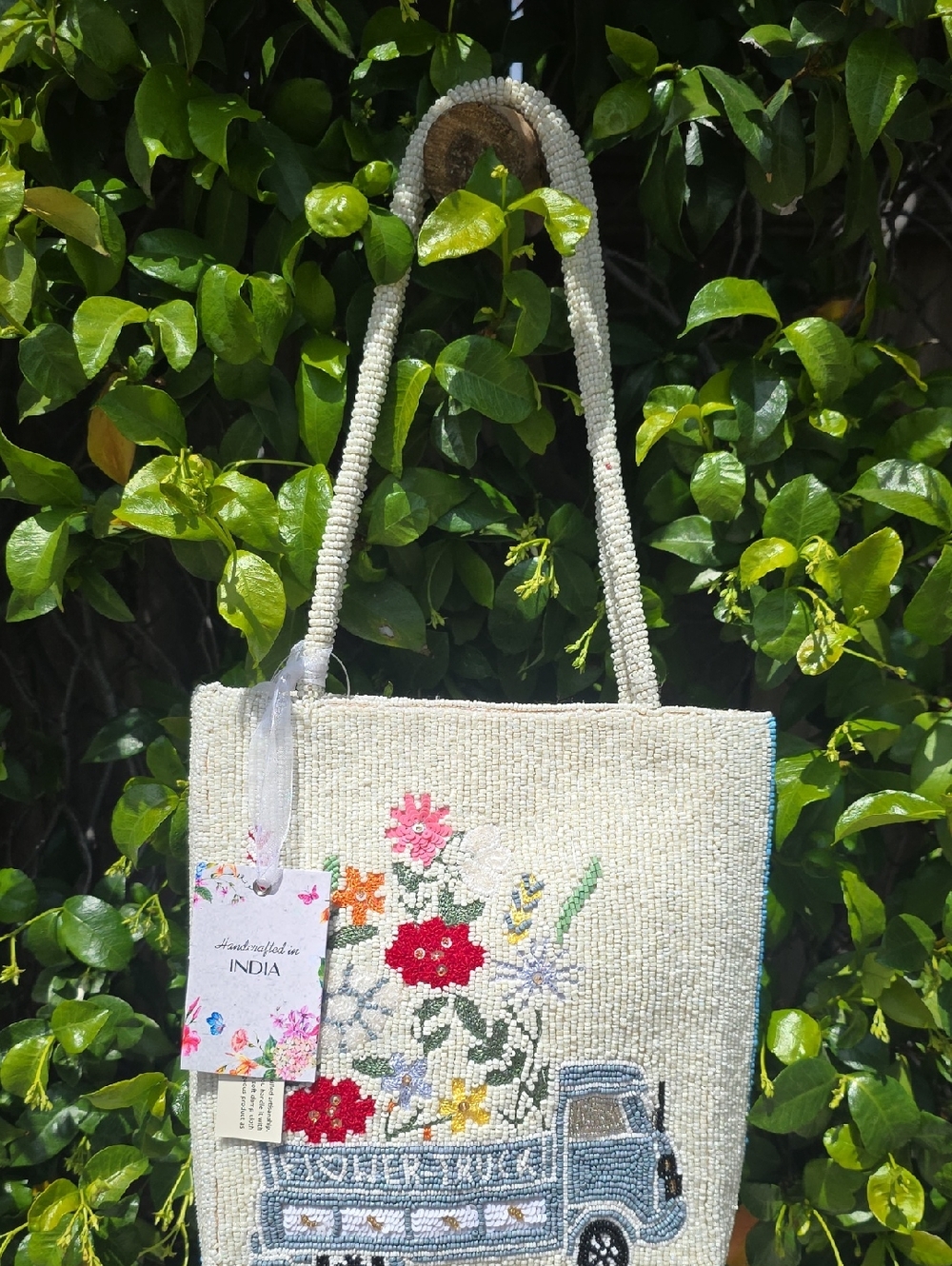 Cream Beaded Floral Bag with Flower Truck